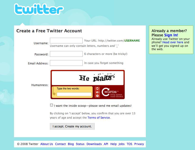 Sign-up screen from Twitter.