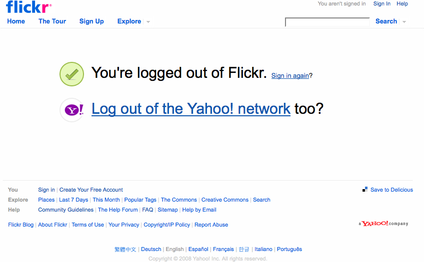 Sign-out screen on flickr.com.
