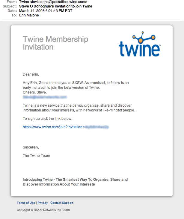 Invitation to join Twine.com.