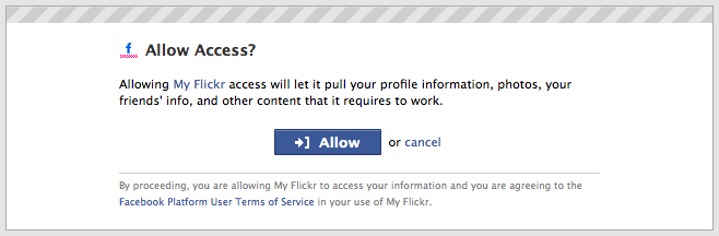 An authorization screen on Facebook lets the Flickr application access Facebook profile information.