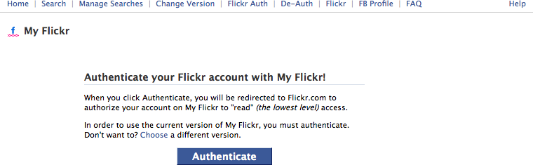 An authentication screen from the My Flickr Facebook application gives the user the option to let the application read from her flickr.com account.
