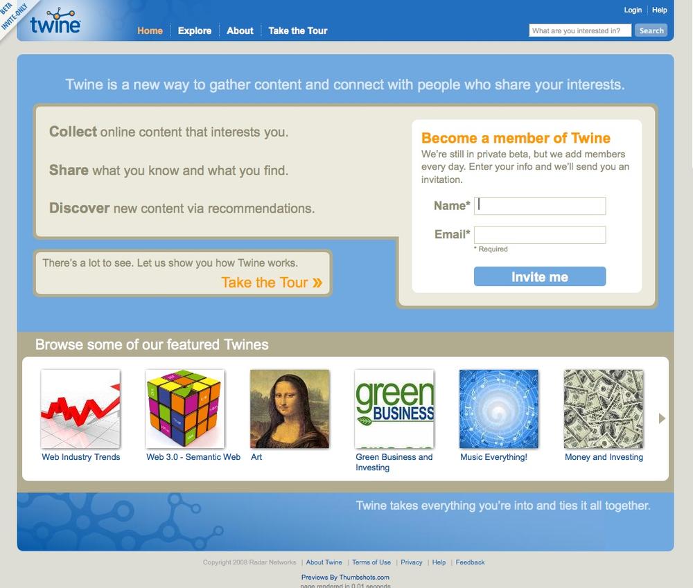 twine.com shows its beta status in the upper-left corner. The sign-up form on the home page states that the product is still in beta, that it’s adding members every day by invitation only, and that signing up requests an invitation but does not necessarily sign the user up for the product at this time.