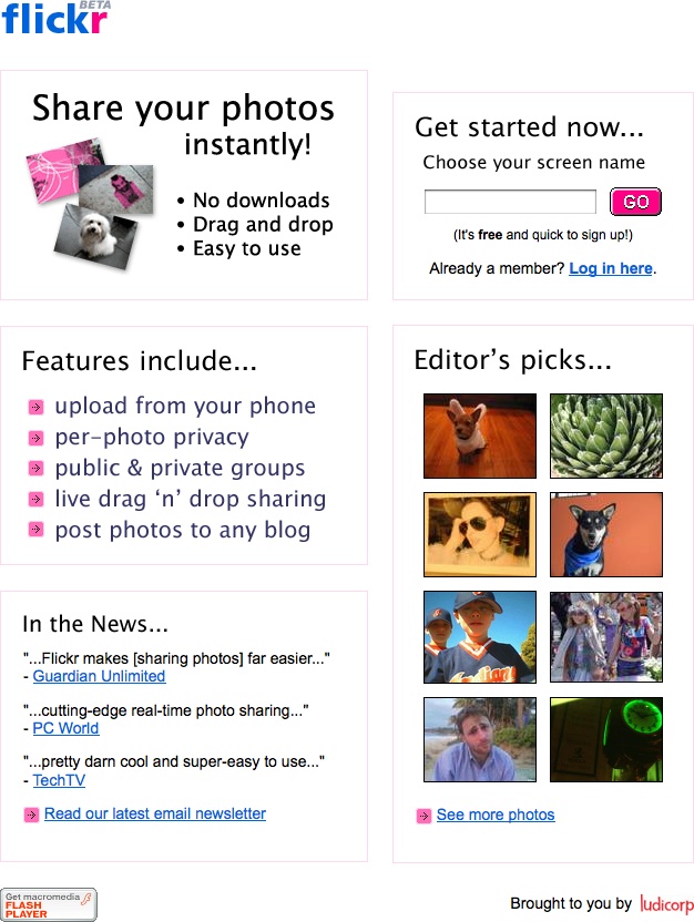 The Flickr home page from May 2004. (flickr.com was in beta for a couple of years.)