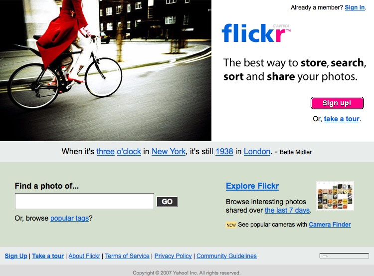 The Flickr home page from January 2007. (flickr.com briefly moved into “gamma” in early 2007/late 2006 and for a while afterward put “loves you” where “beta” and “gamma” had been.)