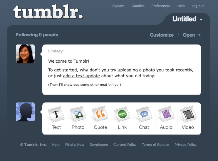 The new user welcome area on tumblr.com with a greeting from Lindsey.