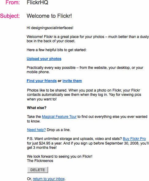 The Flickr welcome mail sent to the FlickrMail Inbox shortly after registering.