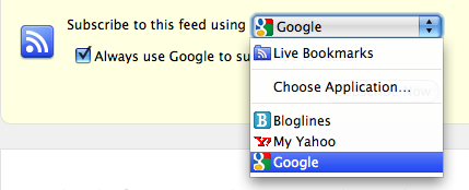 A variety of sources for consuming a subscription should be offered to the user after she selects the RSS or Subscribe link.