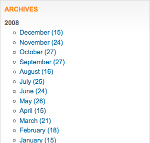 Archives by date on Yahoo! Developer Network. Each month has an indication of how many posts were published.