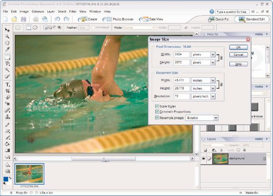 A full-sized photo of a swimmer as opened in Photoshop Elements just after downloading from my camera