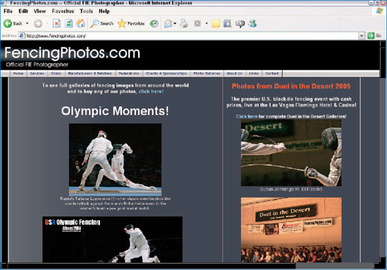 The main FencingPhotos.com site, where I present key images and provide a front-end to my photo galleries