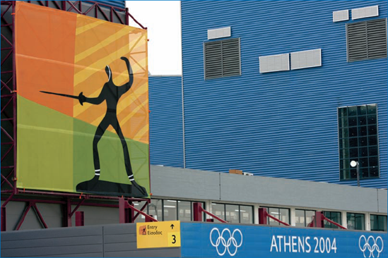 An environmental photo of the fencing hall, often useful for news editors needing to "tell a story" about a competition or event