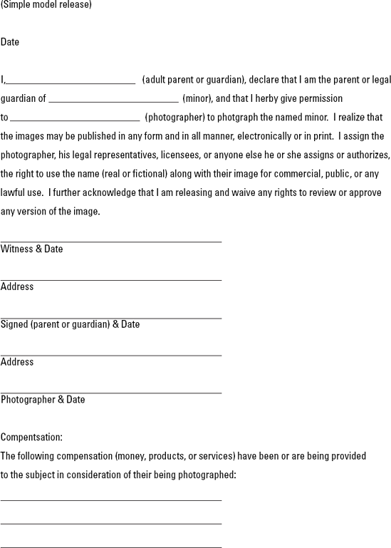 Here's a simple and quick youth model release that can be carried to a sports event. You don't want anything where the text is too long or contains too much legalese if you need a quick approval.