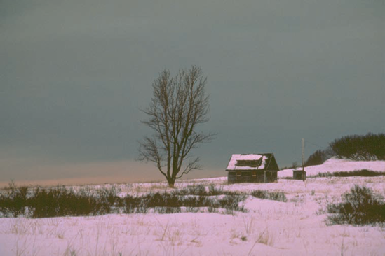 The gray clouds of approaching snow make this image of a lonely cabin in winter feel cold.