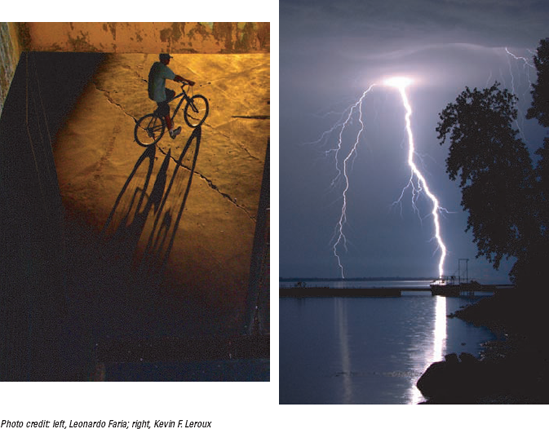 Strong shadows and lightning at night provide great photo ops.