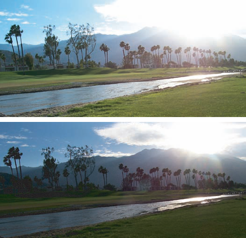 Compare using a polarizing filter (top) and no filter (bottom).