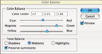 Color balance midtone values for a sepia tone.