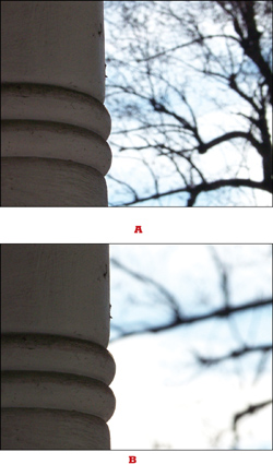 f/6.3, 2.5x zoom (A), and f/6.3, 6.4x zoom (B).