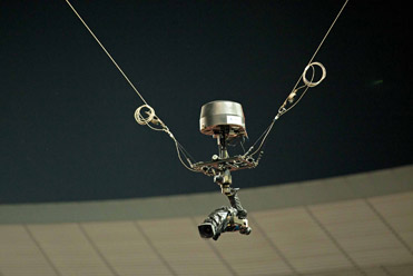 Figure 7.20 This more sophisticated hanging camera, attached by wires from multiple directions, allows the camera to move anywhere on the field of play.