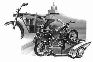 Figure 7.27 Two of these electrically powered motorcycles were designed and built for use in the marathon coverage. Fuel-powered vehicles could not be used because of fumes. The RF camera and the operator were positioned in the sidecar.