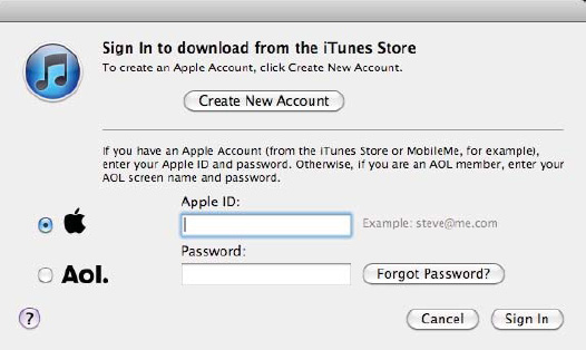 The iTunes sign-in screen allows you to sign in to iTunes with your existing account or begin the process of creating a new account.