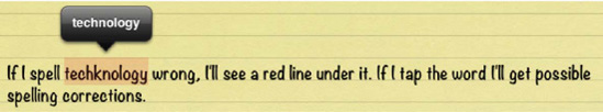 An example of the iPad's spell-check feature