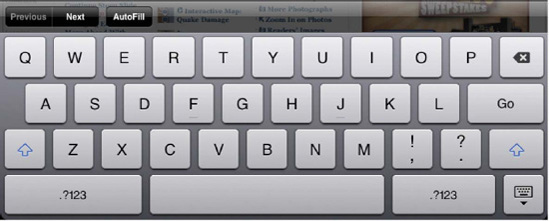 The text-entry keyboard for web page forms. Notice the Previous, Next, and AutoFill buttons at the top.