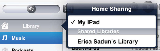 Access shared libraries from the iPod app's Library item at the top of the sources list.