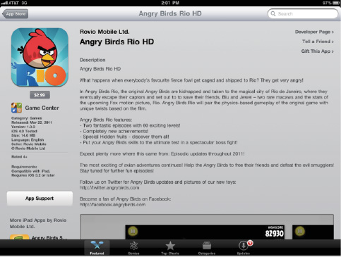 Tapping the More link expands the description of an app. Compare this description with the five-line description shown in Figure 8-2.