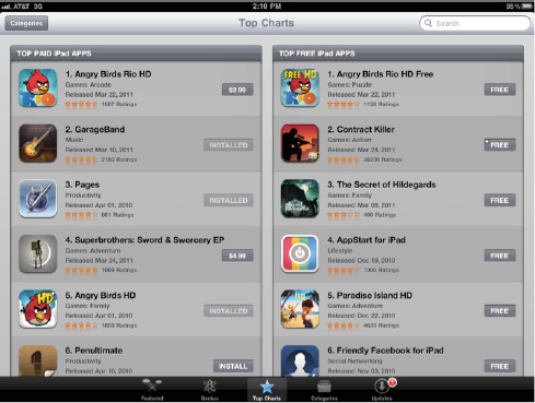 The Top Charts screen in the App Store displays the top paid and free iPad apps.