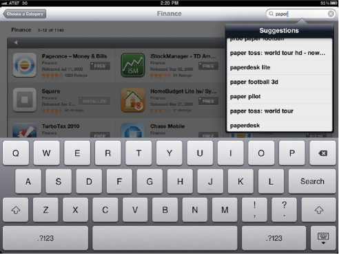 As you type a word into the App Store search box, suggested apps are listed.