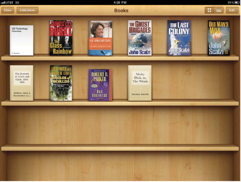 Your iBooks library displays your books in a familiar place—on a bookshelf.