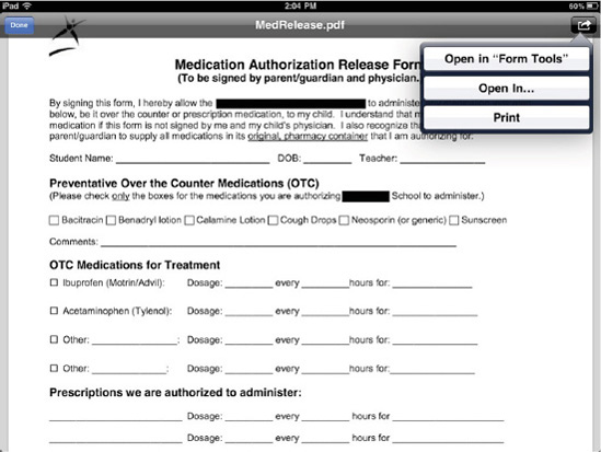 Mail's Quick Look attachment viewer allows you to view many types of files sent as mail attachments. When you are done viewing, you can tap Done to leave the viewer or use the action menu at the top right to open the item in another application or perform other system functions. Here, Mail will allow you to print the PDF form to any supported AirPrint printer.