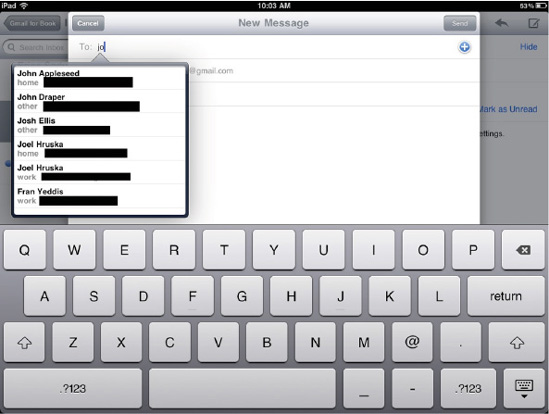 As you type a name for the recipient of a mail message, a list of possible names and associated e-mail addresses appears.