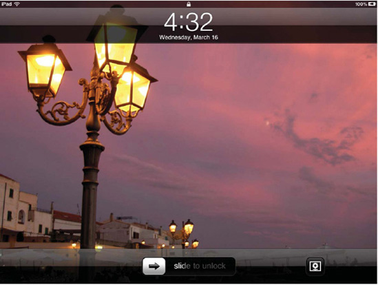 The iPad's lock screen with Picture Frame button in the lower right