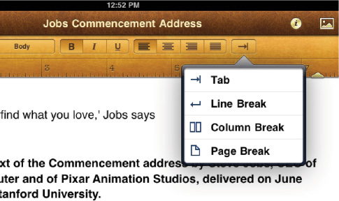 The final button on the Style ruler is used to apply tabs, line breaks, column breaks, and page breaks.