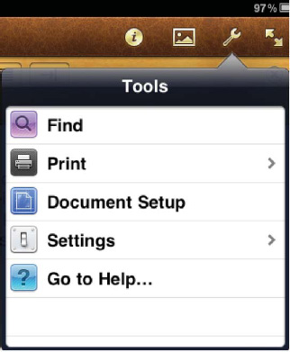 The Tools button in Pages provides features that apply to a complete document, not just a word or paragraph.