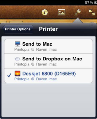 Print, found under the Tools button on the Pages toolbar, displays printers or print-to-file services hosted by applications such as Printopia or FingerPrint.
