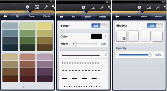 Tapping Style Options displays the Fill, Border, and Effects tabs displayed here. Note that these same tabs appear in Pages and Keynote when a shape is selected and the Info button is tapped.