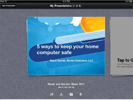 The My Presentations window is very much like the My Documents window in Pages and My Spreadsheets window in Numbers.