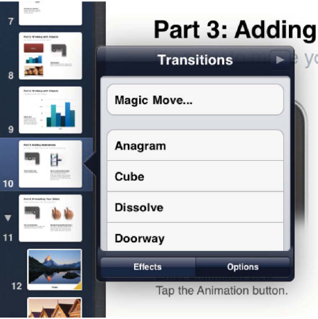 The Transitions pop-up contains a comprehensive list of eye-catching animations to use in transitioning between slides.