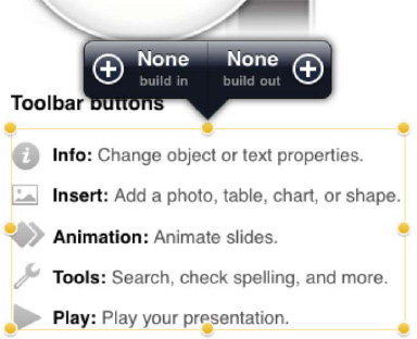 The Build pop-up. Tap the plus button on the left to create a text build to add one bullet at a time, and tap the button on the right side to create a build that removes the build when moving to a new slide or object.