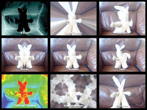 Select one of eight image effects (or the center for Normal undistorted imagery) from Photo Booth's effects screen. Effects include X-Ray, Light Tunnel, Stretch, Mirror (not reverse, the center mirrors out to either side), Twirl, Thermal Camera, Kaleidoscope, and Squeeze.