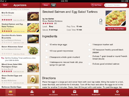 The $1.99 Food Network In the Kitchen app turns your iPad into an intelligent cookbook with recipes for every occasion.