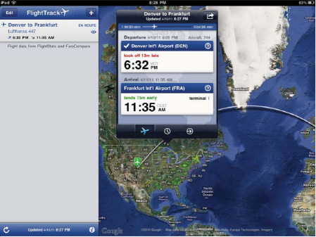 The free FlightTrack app for iPad is a fascinating tool for tracking the status of your flight. The $9.99 FlightTrack Pro app adds a significant amount of functionality, including synchronization with TripIt.com itineraries.