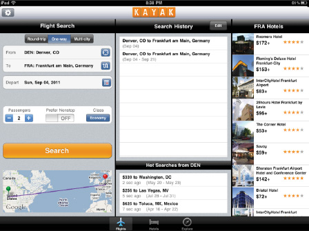 Rather than making you search a lot of airline websites for the best air fare deals, the Kayak HD app does it all for you. Enter the departure and arrival airports, add a few details, and within seconds you have the lowest possible fares.