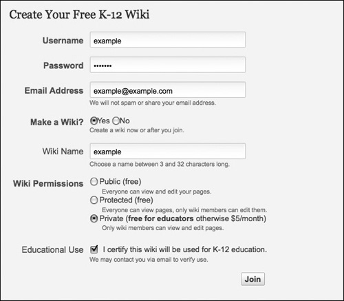 Wikispaces account signup window.