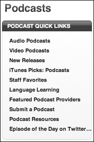 iTunes Music Store Podcast Quick Links menu.