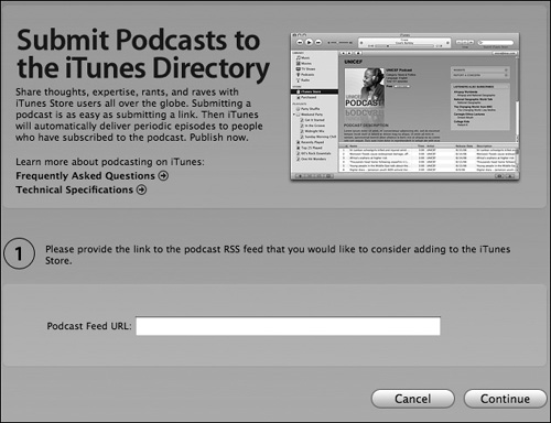 iTunes podcast submission form.