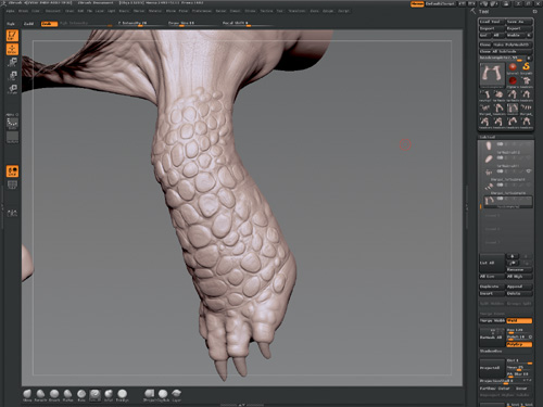 Start to refine the scales using the TrimDynamic Brush to flatten out the scales and give them a harder edge.