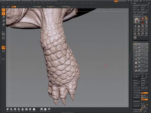 Define the scales with the Dam Standard Brush and use the Clay Buildup Brush to roughen up the surfaces a bit.